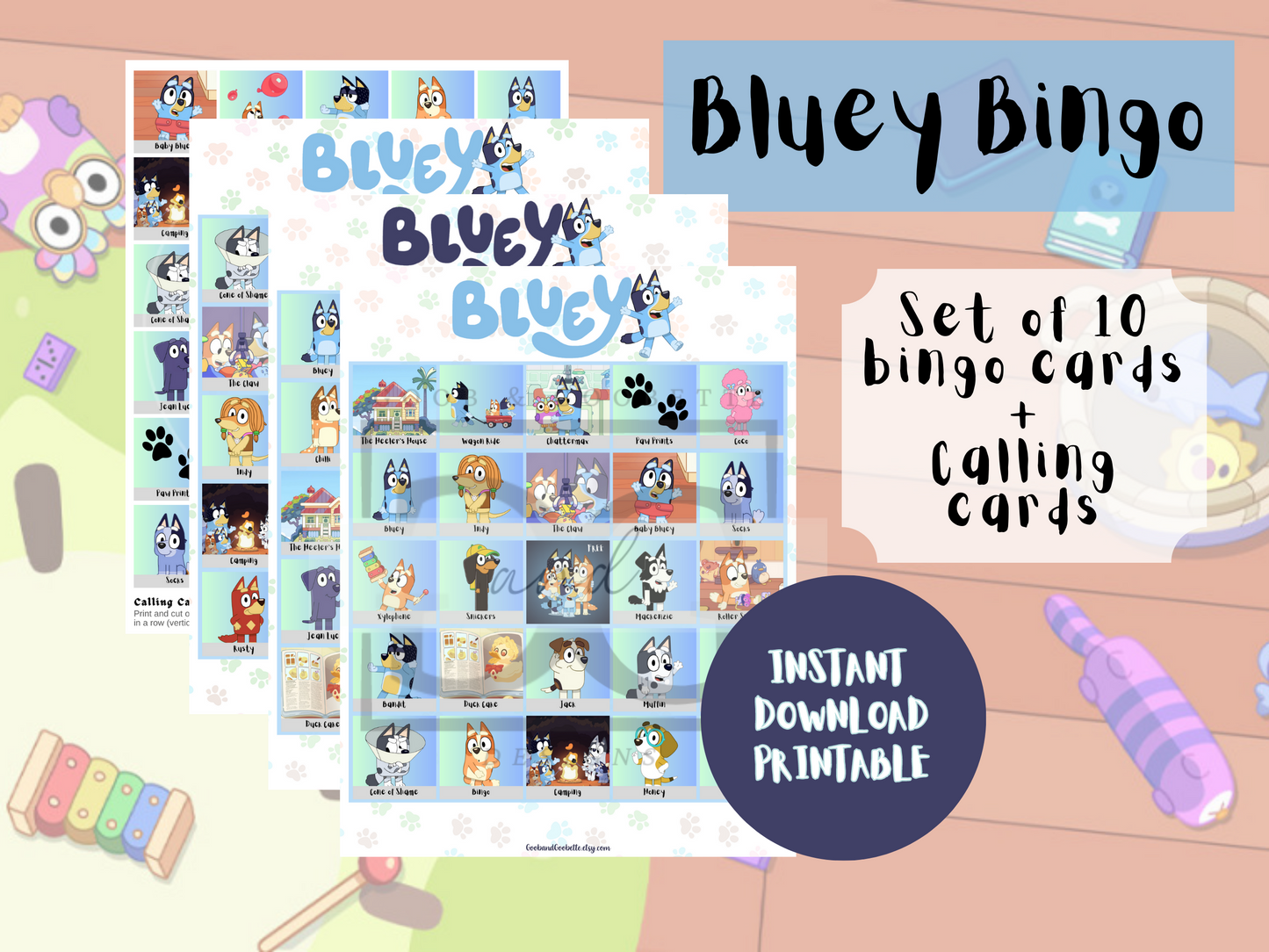 Bluey Bingo Set - Digital Bluey Party Bingo Cards and Calling Cards (Set of 10)