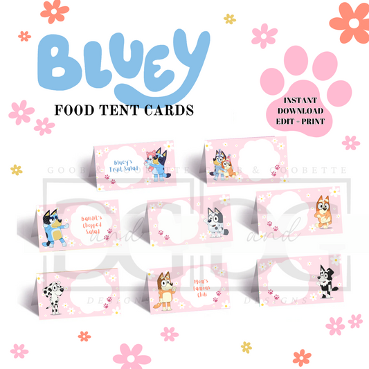 Digital Pink Daisy Bluey Food Tent Cards - Buffet Cards