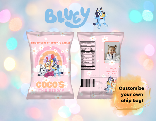 Pink Daisy Bluey Chip Bag Label Template - Bluey Chip Bag Favors