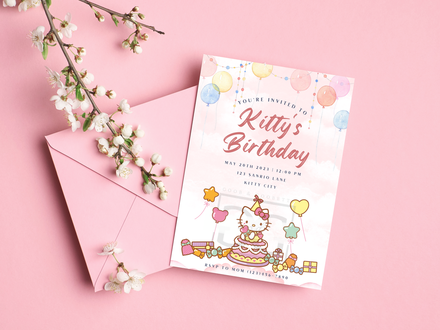 Watercolor Hello Kitty Invite - Hello Kitty Birthday Invitation