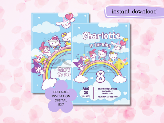 Rainbow Sanrio Party Invite - Rainbow Hello Kitty Birthday Invitation Template