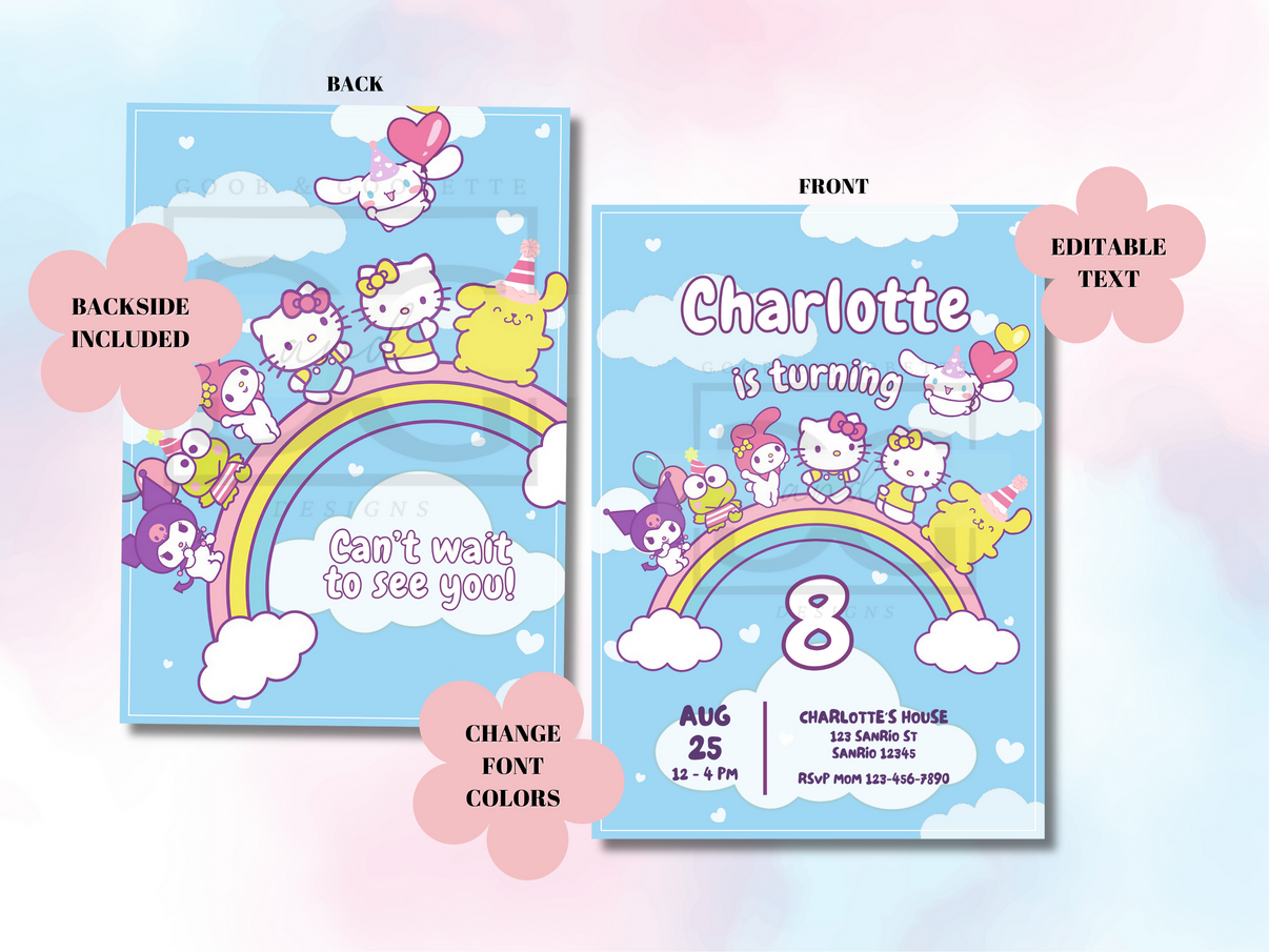 Rainbow Sanrio Party Invite - Rainbow Hello Kitty Birthday Invitation ...