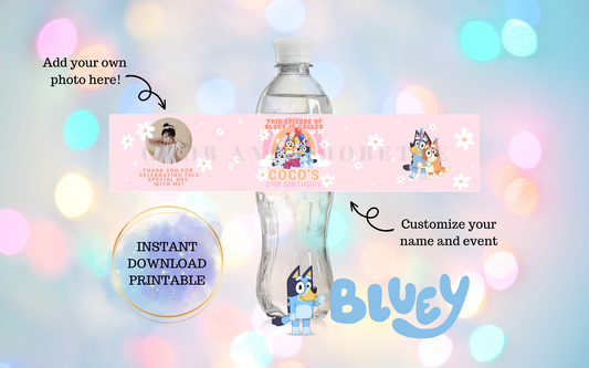 Pink Daisy Bluey Water Bottle Labels