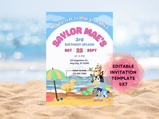 Summer Bluey Pool Party Invitation - Bandit, Bluey, and Bingo