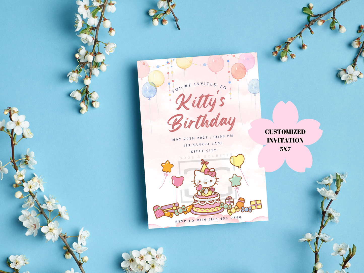 Watercolor Hello Kitty Invite - Hello Kitty Birthday Invitation