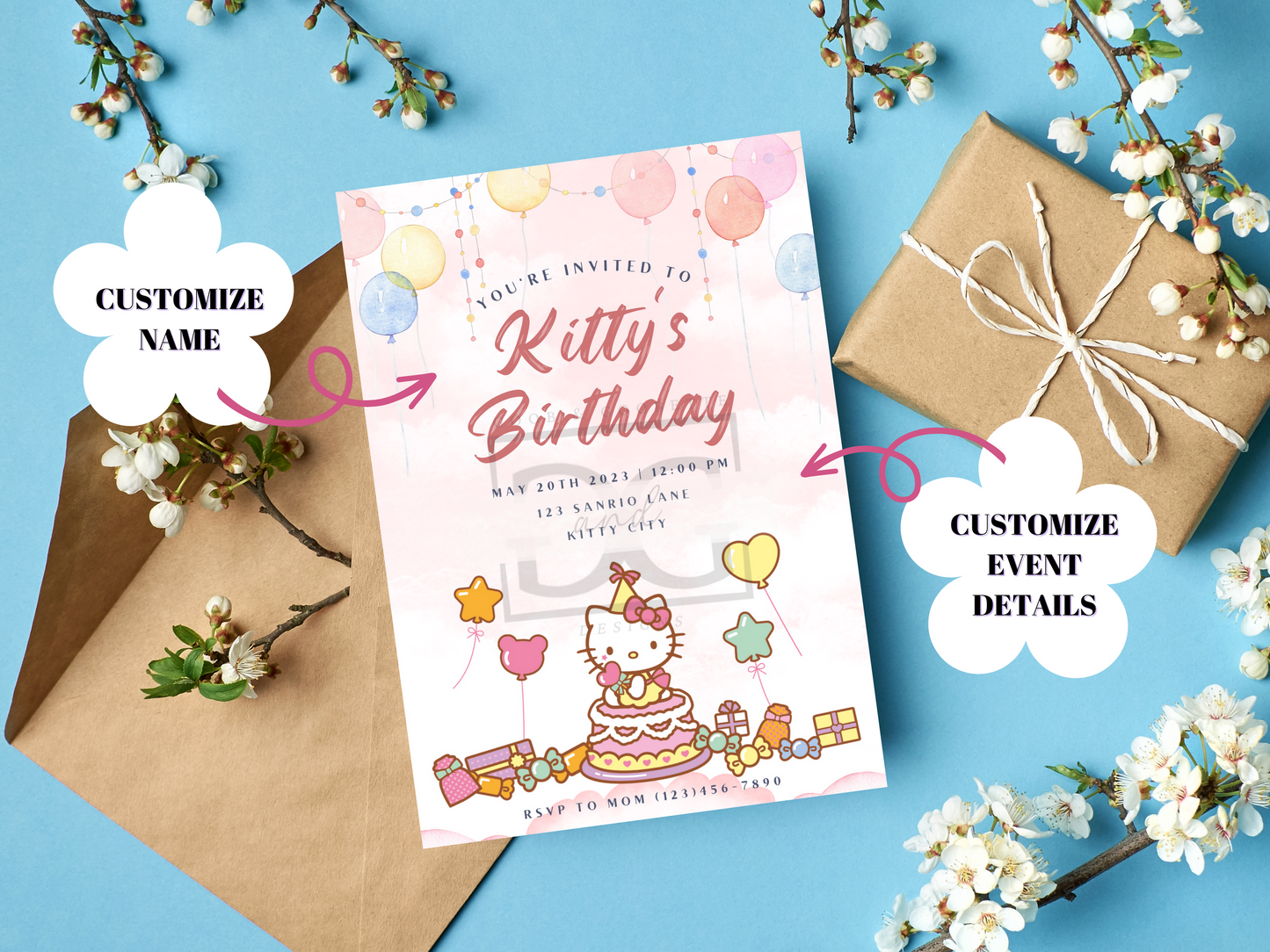 Watercolor Hello Kitty Invite - Hello Kitty Birthday Invitation