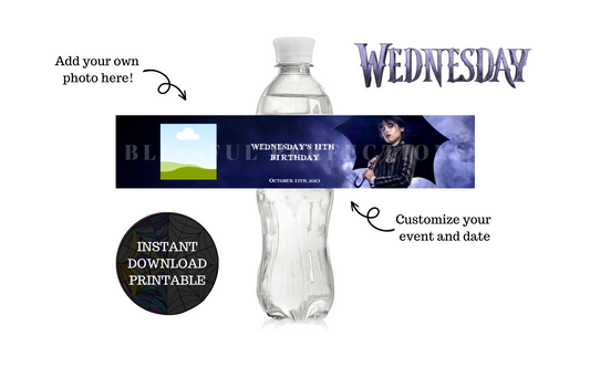 Wednesday Water Bottle Labels - Wednesday Addams Favors